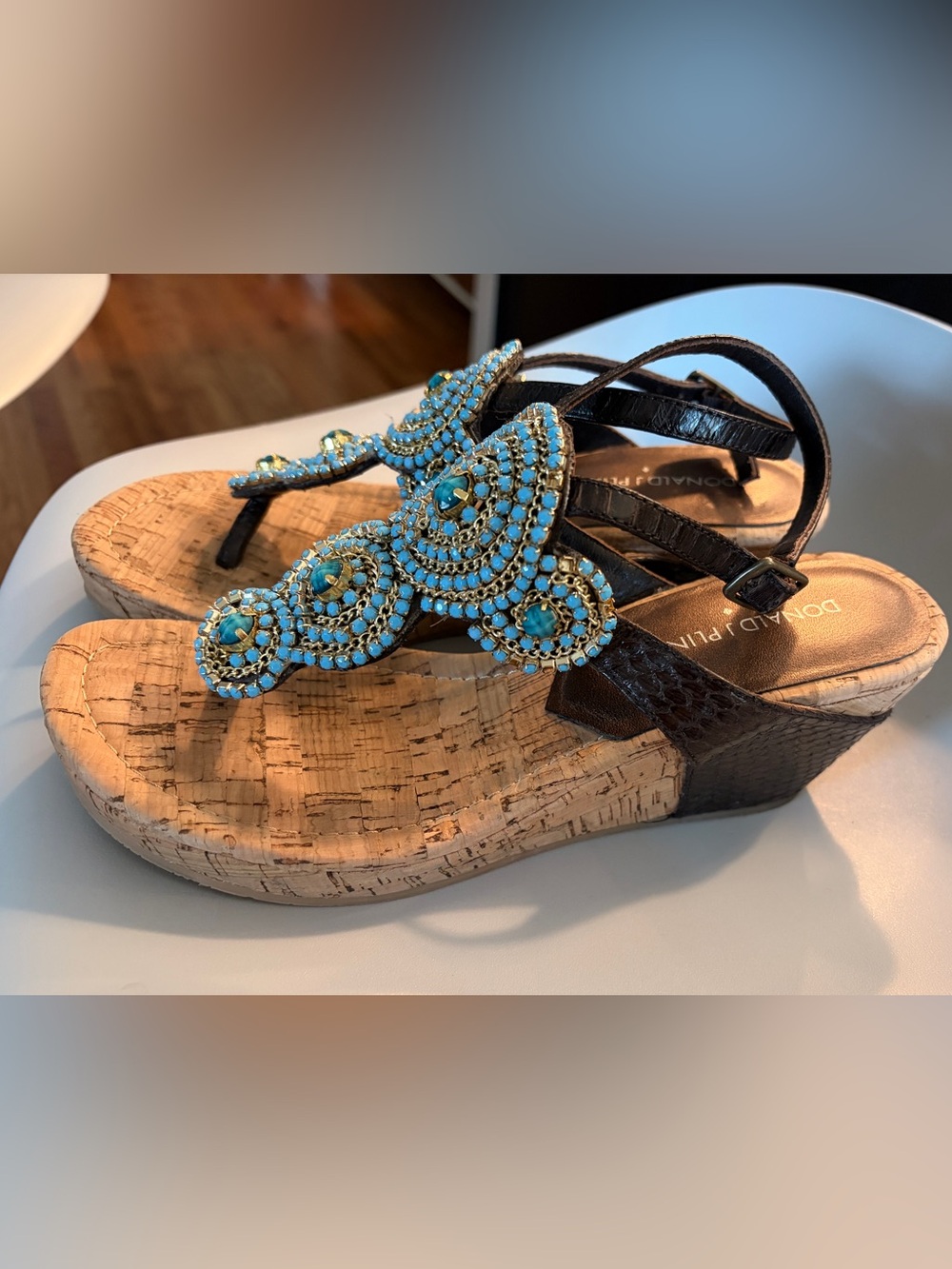 Donald J. Pliner Brown Leather Wedge Sandals with Turquoise Beading